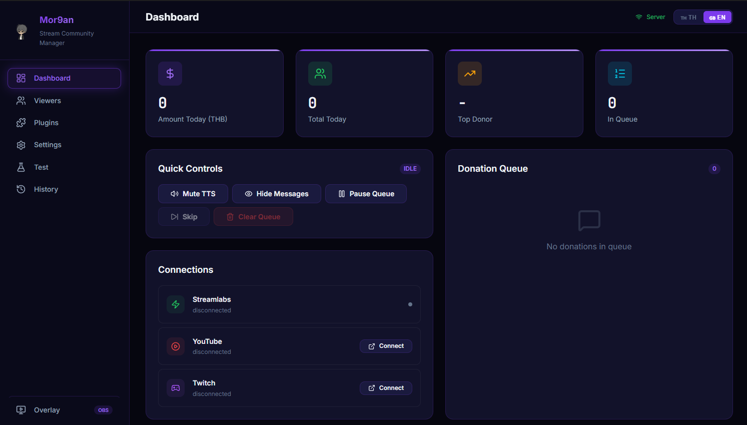 Dashboard ของ Donari — stat cards, donation queue, top donors