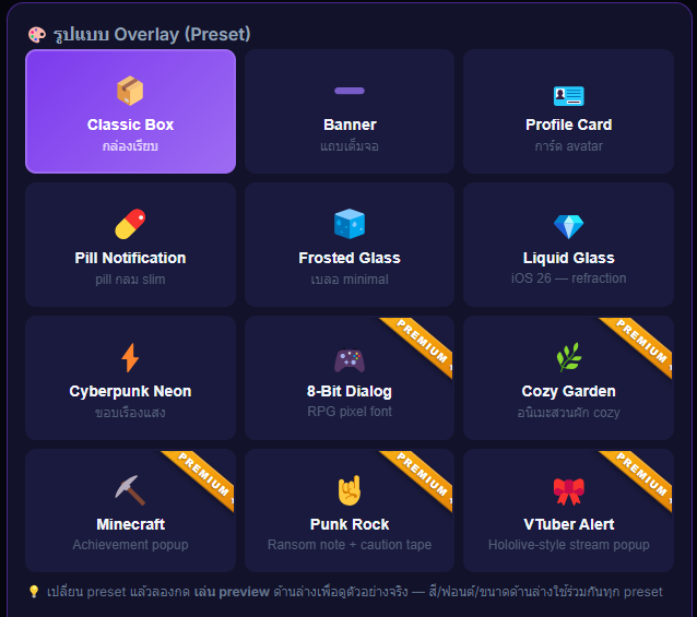 หน้า Settings → Overlay แสดง grid picker ของ 16 presets พร้อมเครื่องหมาย Premium